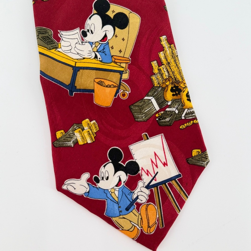 MICKEY UNLIMITED Mickey Mouse Money Silk Tie Red Vintage Disney Businessman